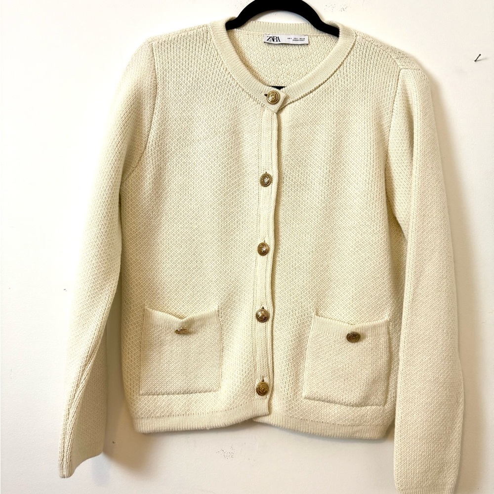 ZARA Cream Knit Cardigan Sweater Women’s Large | Gold Button Classic Chic